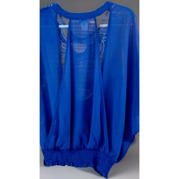 Charming Charlie Women's M Royal Blue Embroidered Blouse Semi Sheer Boho Chic - Picture 6 of 8